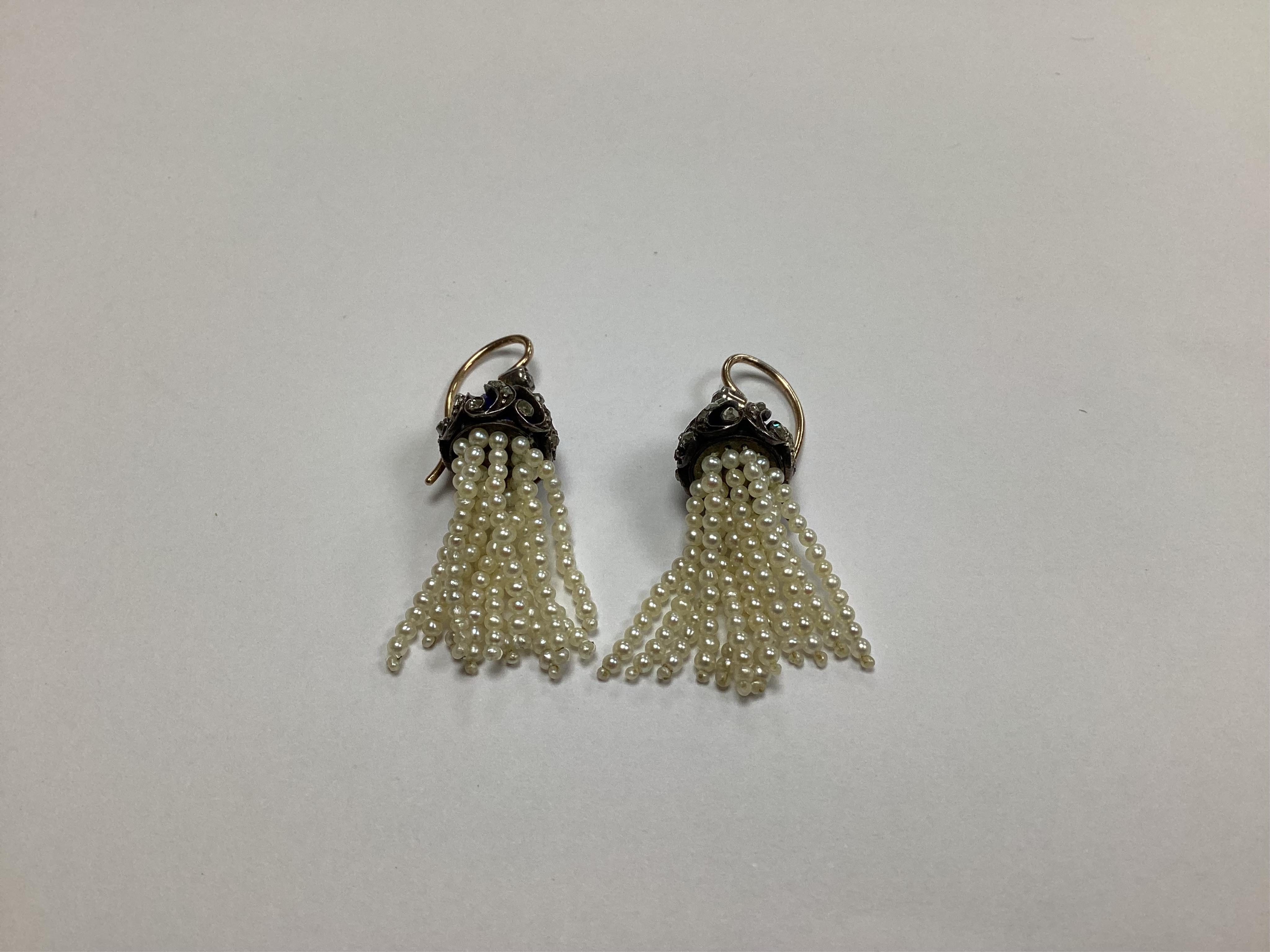 A pair of late Victorian, gold and seed pearl multi tassel drop earrings